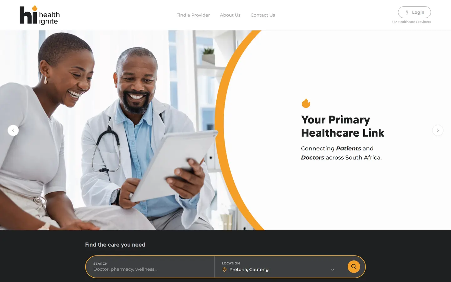 HealthIgnite homepage — Your Primary Healthcare Link, with search for doctors, pharmacies and wellness services