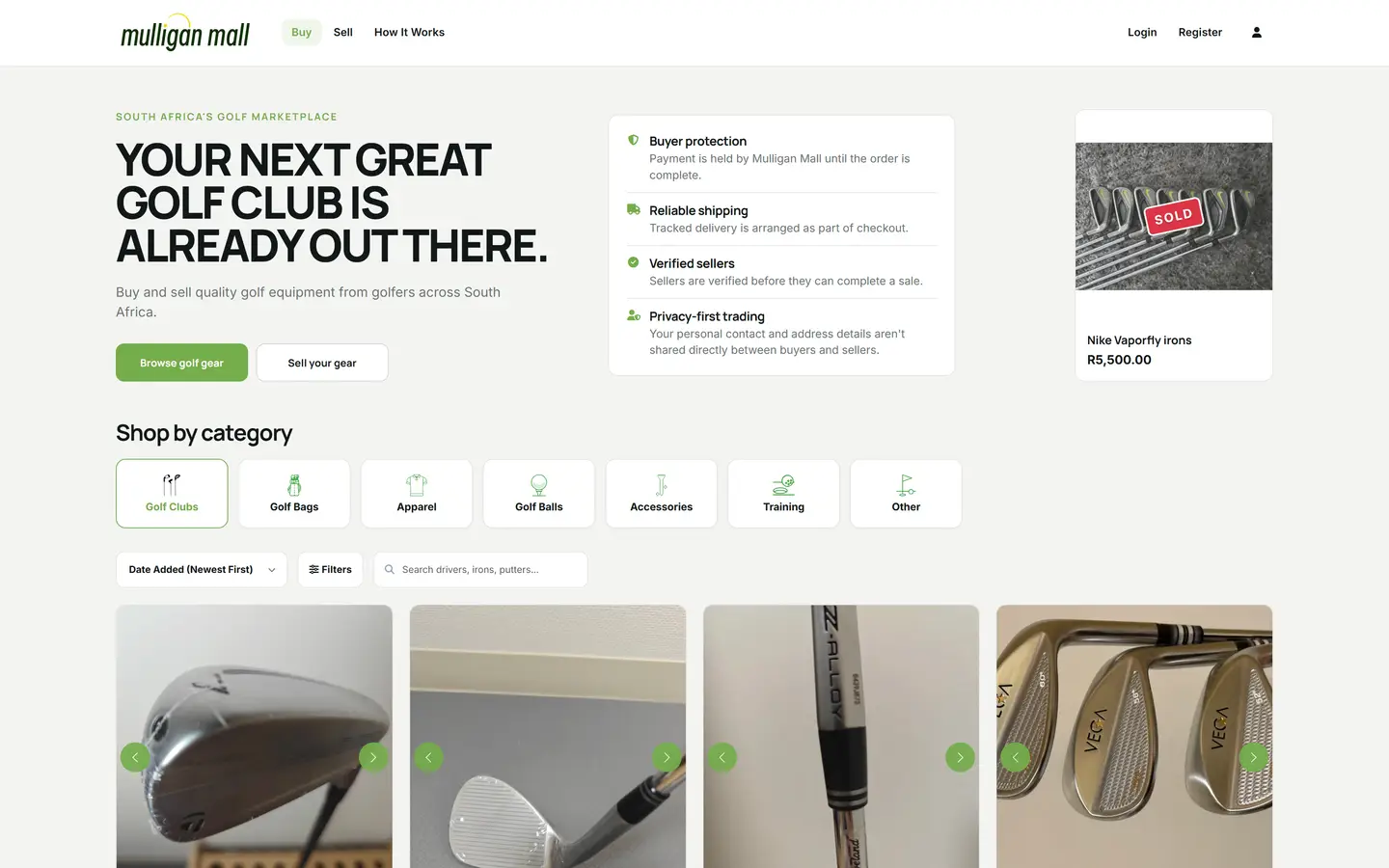Mulligan Mall homepage — South Africa's golf marketplace with category browsing, buyer protection and search